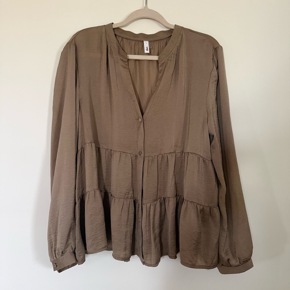 Glam Boutique Tiered Peplum Tan Button-Up Blouse